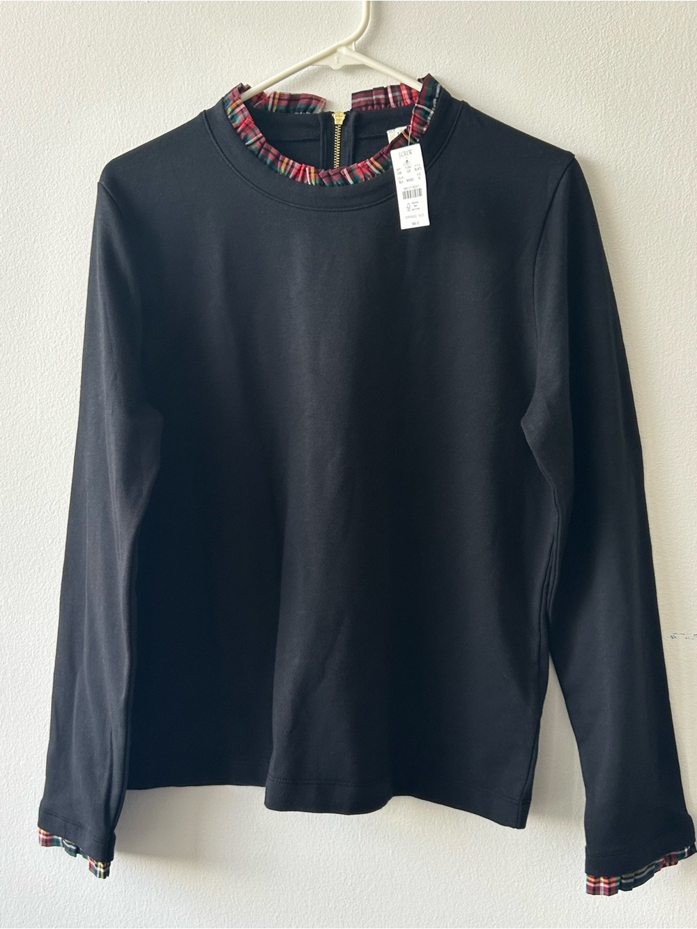 J. Crew Black Crewneck Sweater with Plaid Trim Holidays 23’